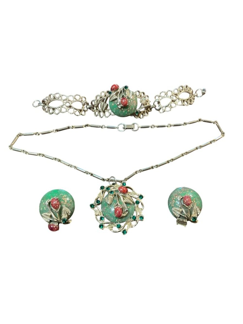 Vtg Green Red Necklace Bracelet Clip-On Earrings Jewelry Set Gold-Toned